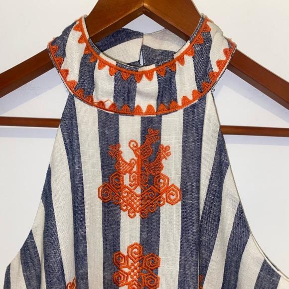 THML Women's Linen Blend Striped Embroidered Halter Dress, sz Small - Picture 4 of 14